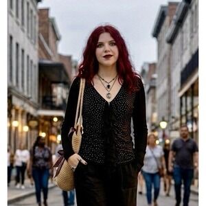 VTg Sunset Rd Black Rhinestone Zip Front Ruffle Blouse Small Whimsigoth Y2K